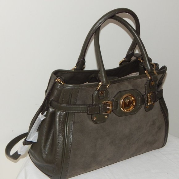 MICHAEL KORS HUDSON Leather Suede Large Tote Satchel Shoulder BAG Dark Olive NWT - Picture 7 of 14